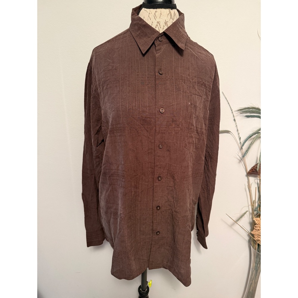 Tommy Bahama‎ Mens Brown 100% Silk Long Sleeve Textured Grid Button Down Shirt L